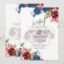 Convites Casamento Floral Azul Borgonha Rústico