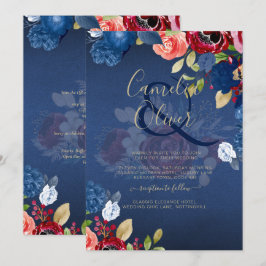 Convites Casamento Floral Azul Borgonha Rústico