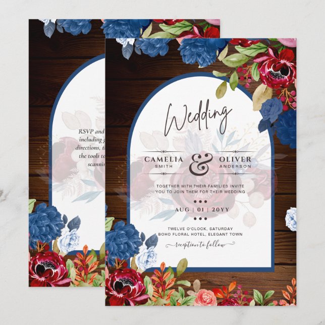 Convites Casamento Floral Azul Borgonha Rústico (Frente/Verso)