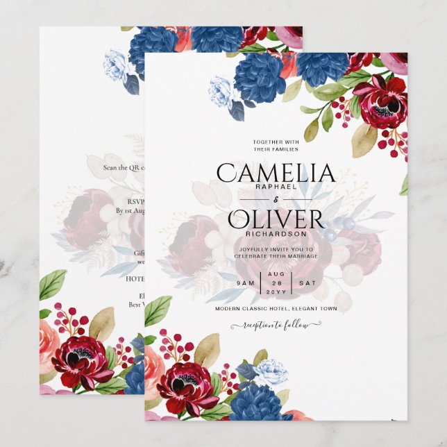 Convites Casamento Floral Azul Borgonha Rústico (Frente/Verso)