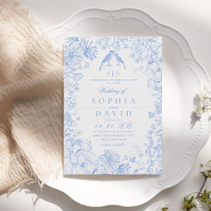 Convites Casamento Floral Azul Branco Clássico Francês