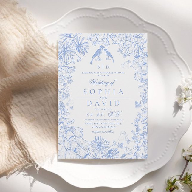 Convites Casamento Floral Azul Branco Clássico Francês (Criador carregado)