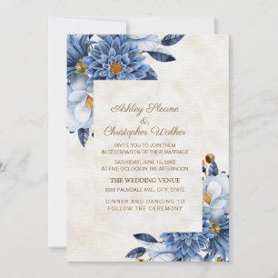 Convites Casamento Floral Azul Branco Dourado Elegante