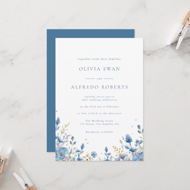 Convites Casamento Floral Azul Branco Moderno (Frente/Verso In Situ)
