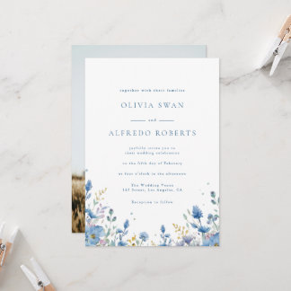 Convites Casamento Floral Azul Branco Moderno Com Foto