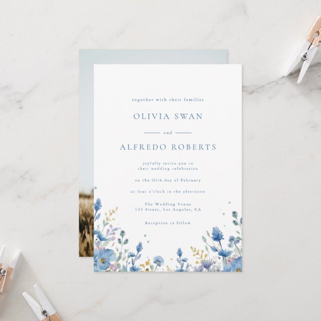 Convites Casamento Floral Azul Branco Moderno Com Foto (Frente/Verso In Situ)