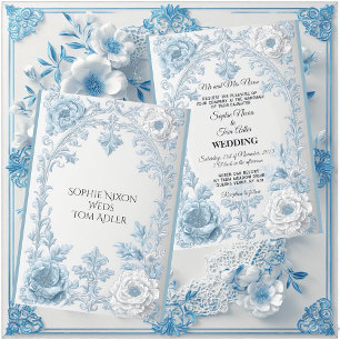 Convites Casamento Floral Azul Branco no Estilo Francês Ant