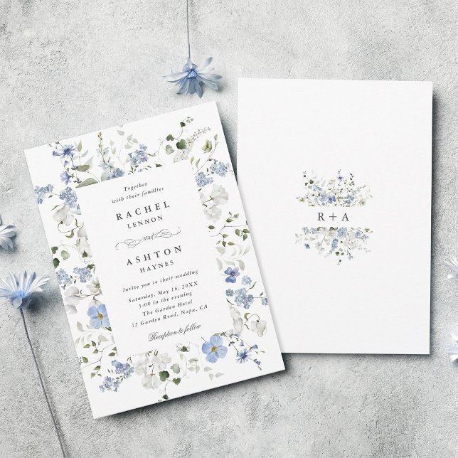 Convites Casamento Floral Azul Branco Verde Elegante   (Front & Back)
