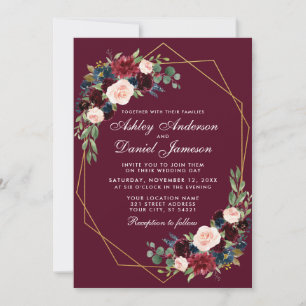 Convites Casamento Floral Azul Burgundy Dourado Geométrico