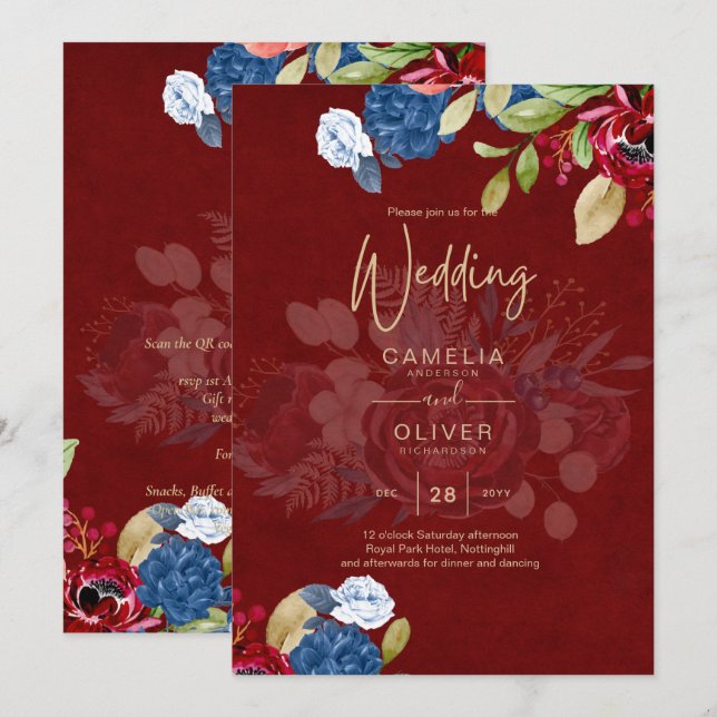Convites Casamento Floral Azul Burgundy Rústico (Frente/Verso)