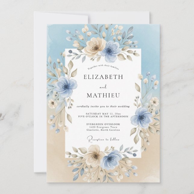 Convites Casamento Floral Azul Celeste Bliss (Frente)