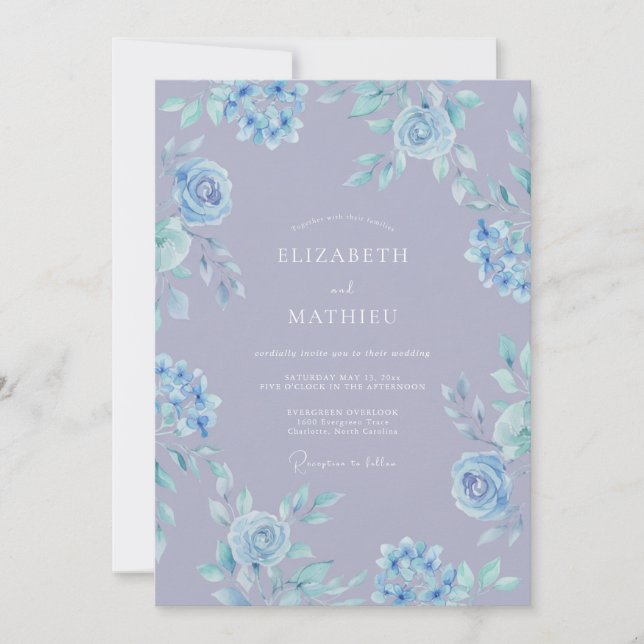 Convites Casamento Floral Azul Celeste Breezy (Frente)