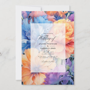 Convites Casamento Floral Azul Centáurea e Pêssego