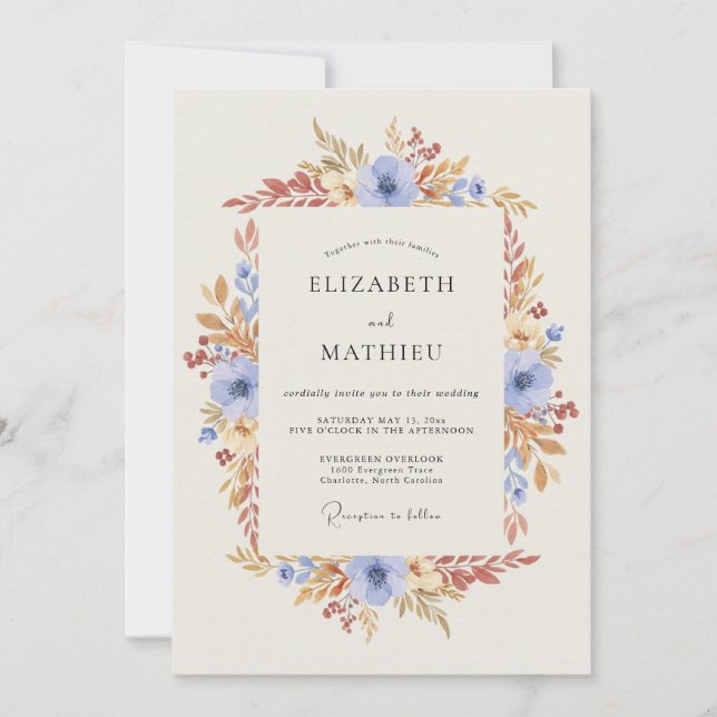 Convites Casamento Floral Azul Céu de Outono (Frente)