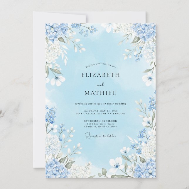 Convites Casamento Floral Azul Céu em Flor (Frente)