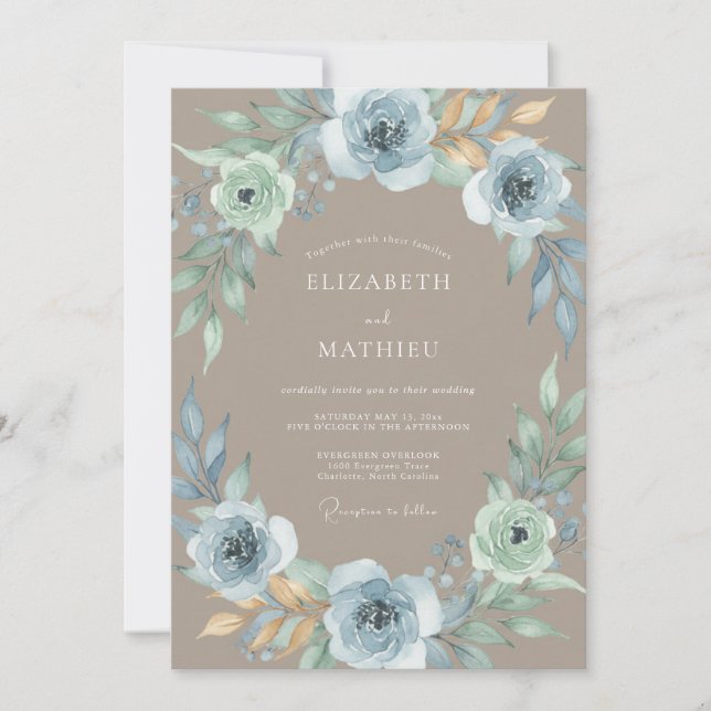 Convites Casamento Floral Azul Céu na Floresta (Frente)