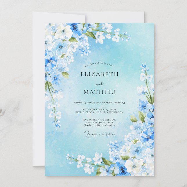 Convites Casamento Floral Azul Céu na Primavera (Frente)