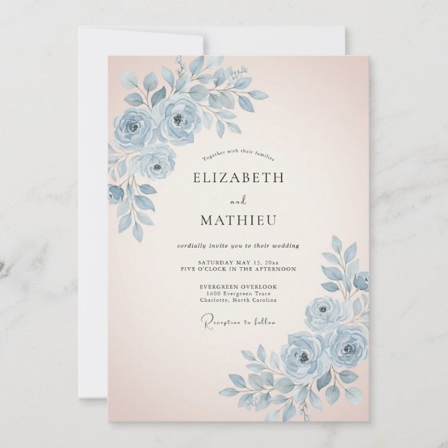 Convites Casamento Floral Azul Céu Sereno (Frente)
