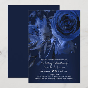 Convites Casamento Floral Azul Chic de Inverno Rosa Negrito
