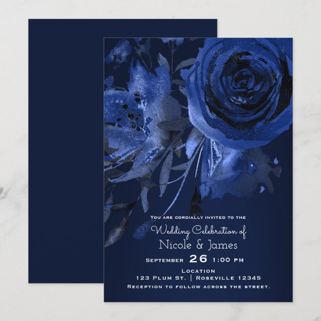 Convites Casamento Floral Azul Chic de Inverno Rosa Negrito (Frente/Verso)