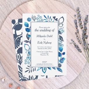 Convites Casamento Floral Azul-Cinza e Azul Brilhante