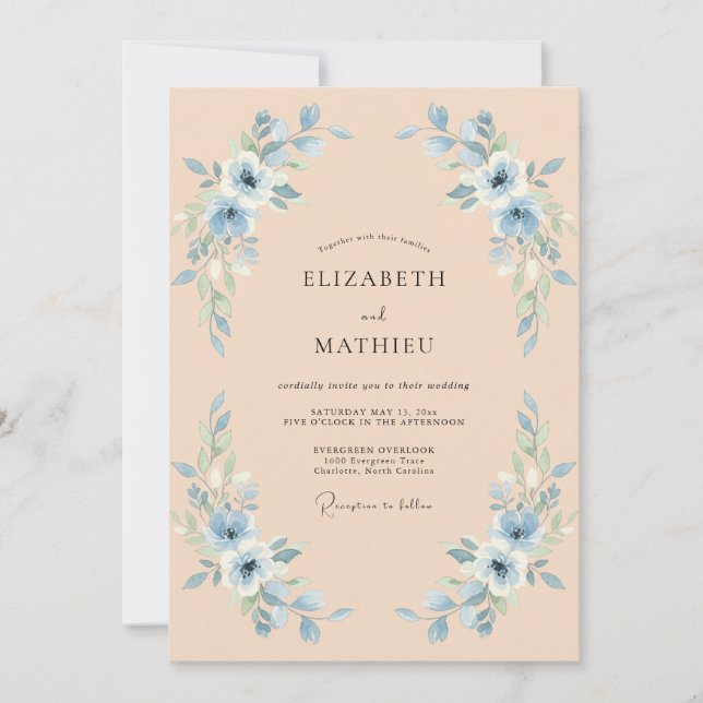 Convites Casamento Floral Azul Claro (Frente)