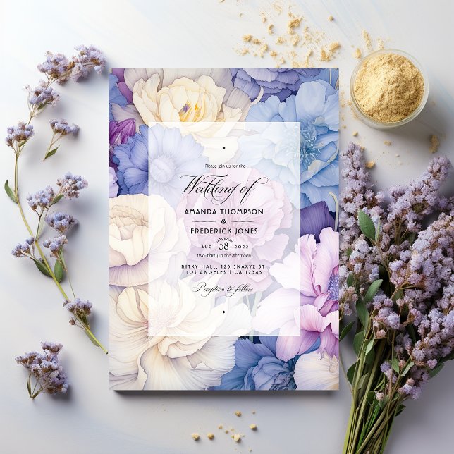 Convites Casamento Floral Azul Claro, Creme e Lavanda (Criador carregado)