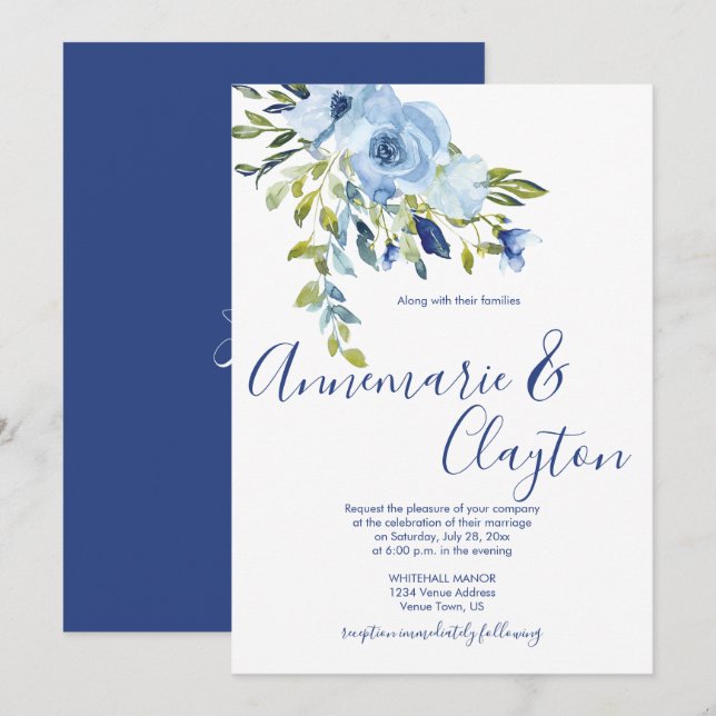 Convites Casamento Floral Azul Claro e Azul Marinho | (Frente/Verso)