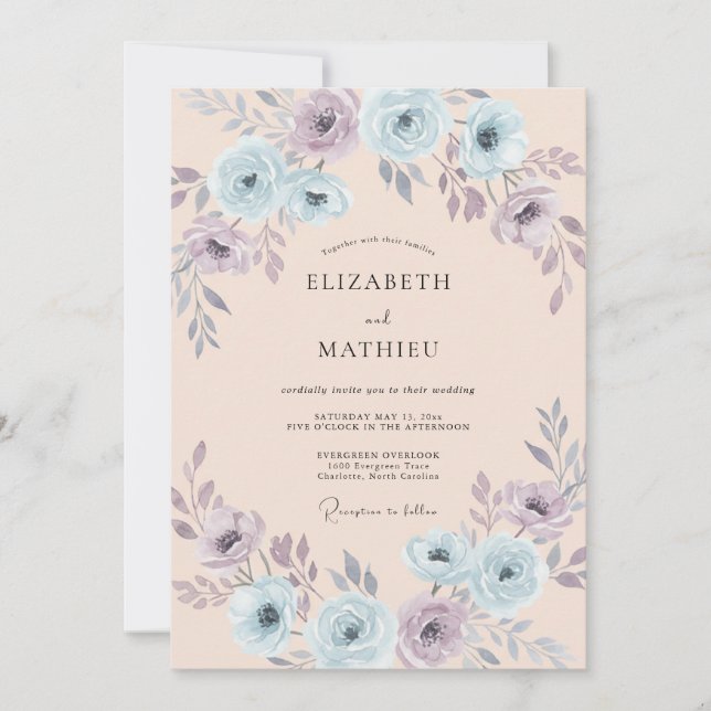 Convites Casamento Floral Azul Claro Etéreo com Rubor (Frente)
