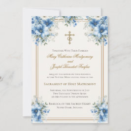 Convites Casamento Floral Azul Clássico Católico