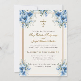 Convites Casamento Floral Azul Clássico Católico