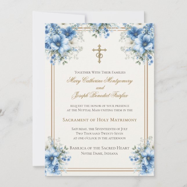 Convites Casamento Floral Azul Clássico Católico (Frente)