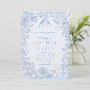 Convites Casamento Floral Azul Clássico Francês