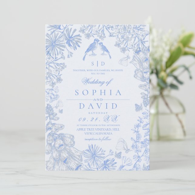 Convites Casamento Floral Azul Clássico Francês (Em pé/Frente)
