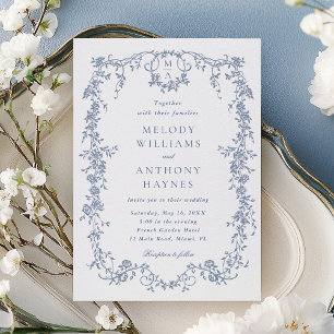 Convites Casamento Floral Azul Clássico Vitoriano
