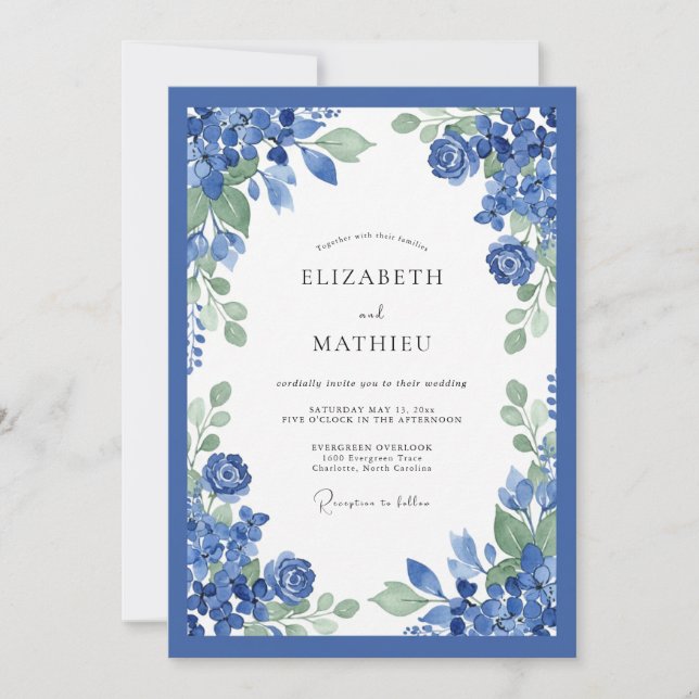 Convites Casamento Floral Azul Cobalto (Frente)