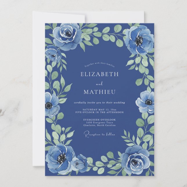 Convites Casamento Floral Azul Cobalto (Frente)