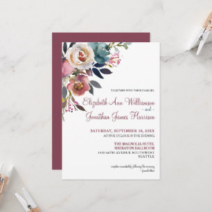 Convites Casamento Floral Azul com Borgonha Elegante