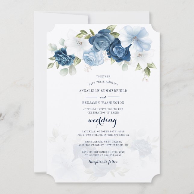 Convites Casamento Floral Azul com Derrante Botânico Modern (Frente)