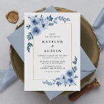 Convites casamento floral azul com quadro elegante<br><div class="desc">flores azuis com uma estrutura dourada e uma cor poeirenta nas costas. Você pode alterar o texto,  o tamanho do texto,  as cores e a fonte neste modelo.</div>