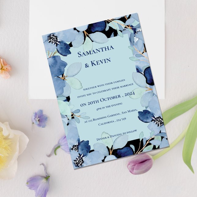 Convites Casamento Floral Azul-Cor-de-Água Elegante (Elegant Moody Watercolor Blue Floral Wedding Invitation)