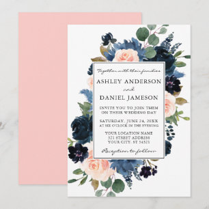 Convites Casamento Floral Azul Cor-de-Água Pintado