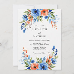 Convites Casamento Floral Azul Coral