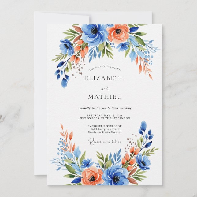Convites Casamento Floral Azul Coral (Frente)