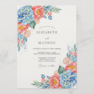Convites Casamento Floral Azul Coral Caprichoso
