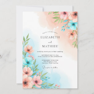 Convites Casamento Floral Azul Coral Caprichoso