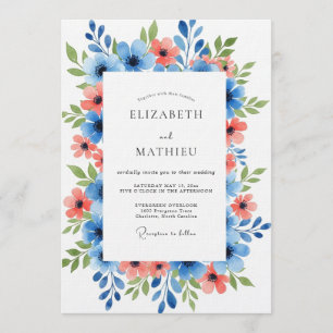 Convites Casamento Floral Azul Coral Pintado