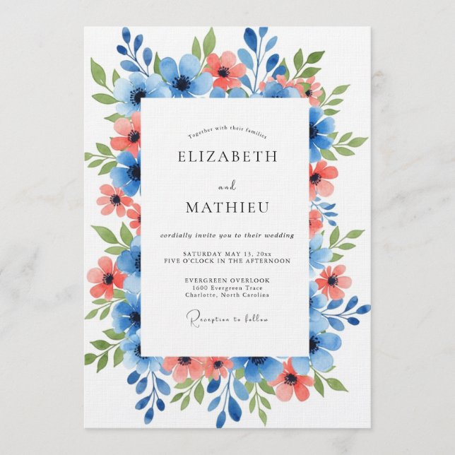 Convites Casamento Floral Azul Coral Pintado (Frente)