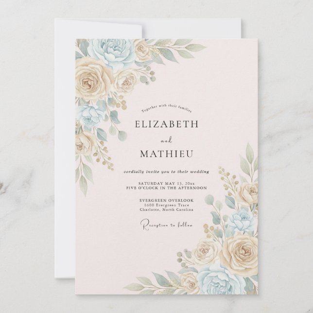 Convites Casamento Floral Azul Creme Caprichoso (Frente)