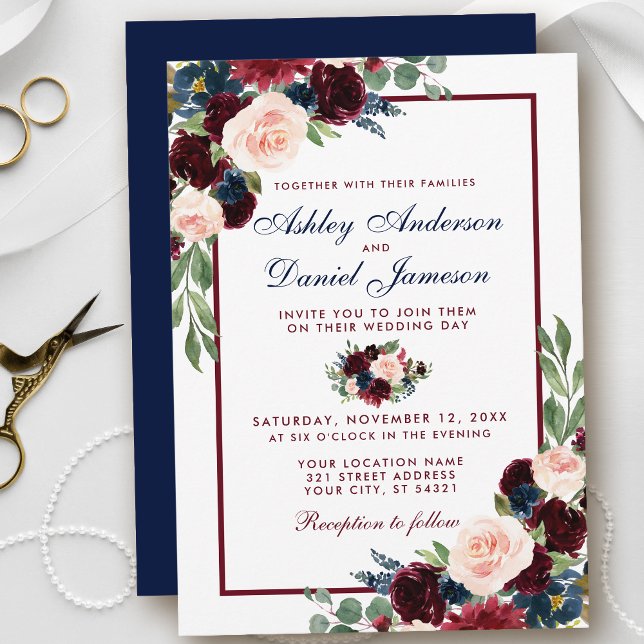 Convites Casamento Floral Azul da Borgonha Elegante (Customize to change text color, style, add text & photos to back or change color of back of card.)